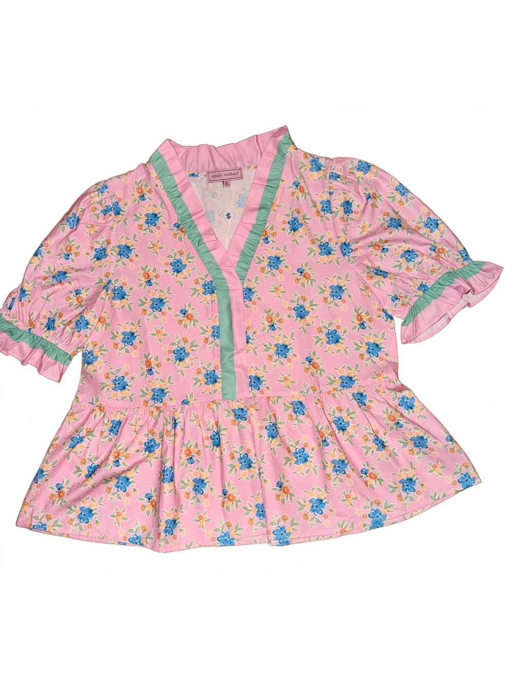 NWT Simply Southern Women's Pink Floral Puff Sleeve Peplum Top, Size Small